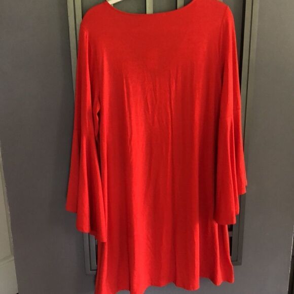 NWT LOFT flowy Orange/Red Rayon spandex bell sleeve V-neck dress size L - Picture 4 of 8